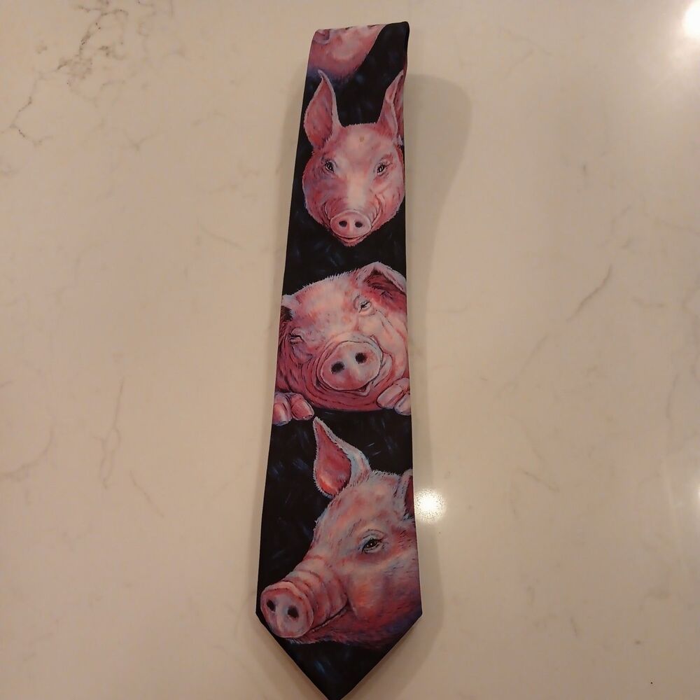 Original 1994 Ralph Marlin Mens Neck Tie Pink Pig 100% Polyester Made In USA